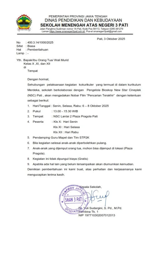 Edaran untuk orangtua kelas X , XI  dan XII 
