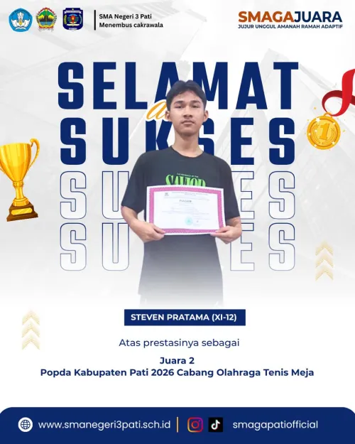 STEVEN PRATAMA (XI-12) berhasil meraih Juara POPDA Kabupaten Pati Cabang Olahraga Tenis Meja.