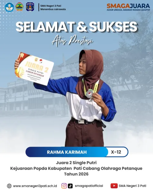 Selamat dan sukses Kepada RAHMA KARIMAH (X-12) JUARA II SINGLE PUTRI