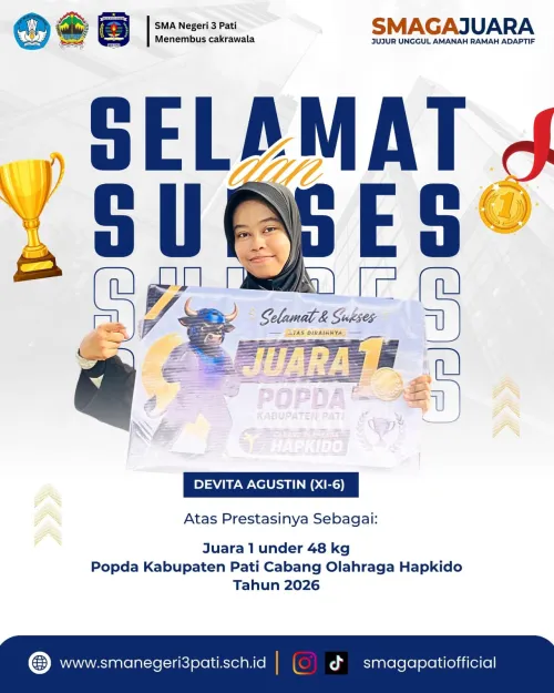 DEVITA AGUSTIN (XI-6)  Juara I under 48Kg  Popda Kabupaten Pati Cabang Olahraga Hapkido Tahun 2026. 