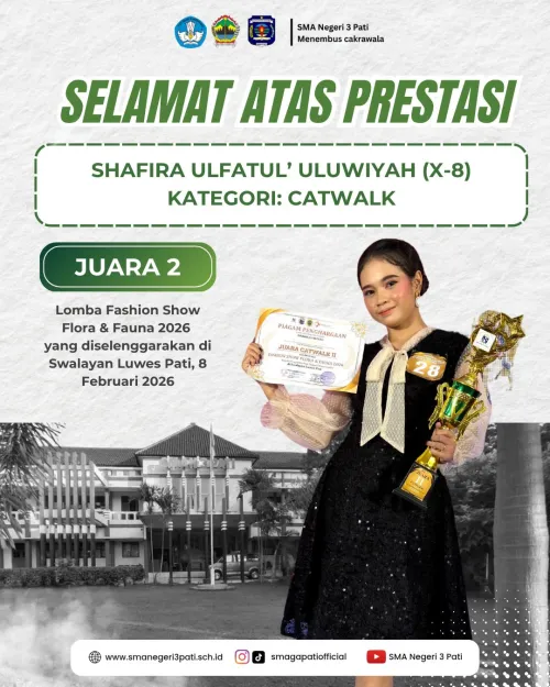 Selamat dan sukses kepada ananda SHAFIRA ULFATUL’ ULUWIYAH ( X-8) raih  Juara 2 