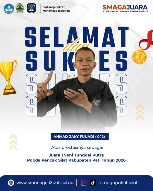 Selamat atas prestasi yang diraih   AHMAD ZAKY FUUADI (X-12), JUARA 1 Seni Tunggal Putra
