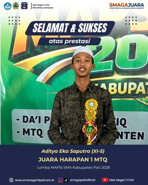 Selamat & sukses kepada ananda Aditya Eka Saputra ( XI-5) Berhasil meraih Juara Harapan 1 MTQ
