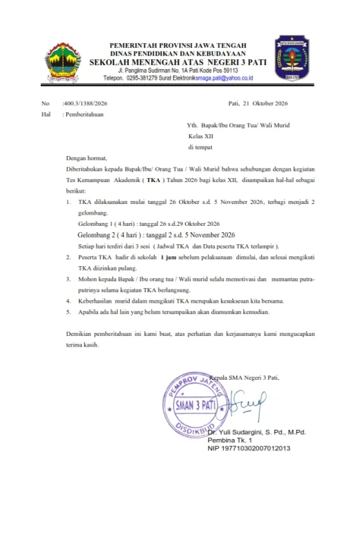 Edaran untuk orangtua kelas XII terkait TKA