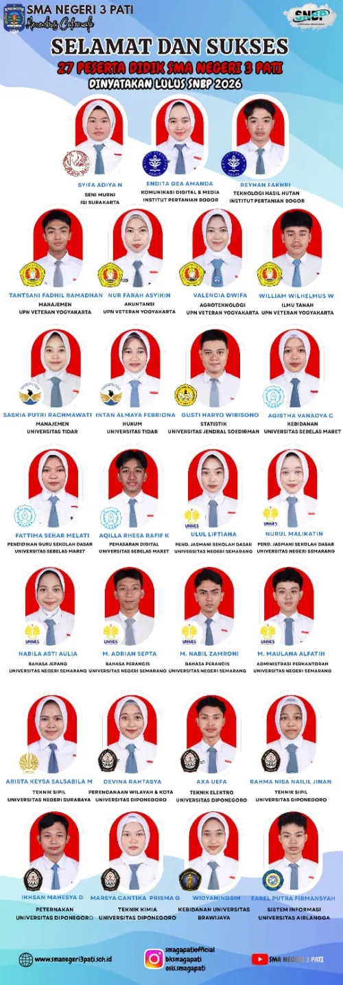 27 Siswa SMA Negeri 3 Pati Masuk  Perguruan Tinggi Negeri Jalur seleksi Nasional Berdasarkan Prestasi ( SNBP) 2026.