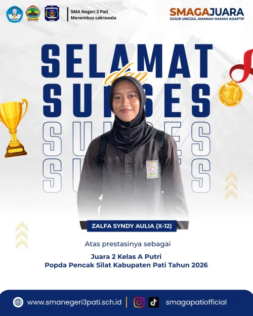 Selamat atas prestasi yang diraih ZALFA SYNDY AULIA (X-12),   JUARA 2 Seni Kelas A Putri