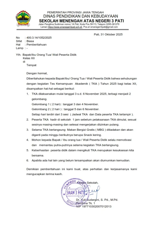 Edaran untuk orangtua kelas XII  terkait TKA