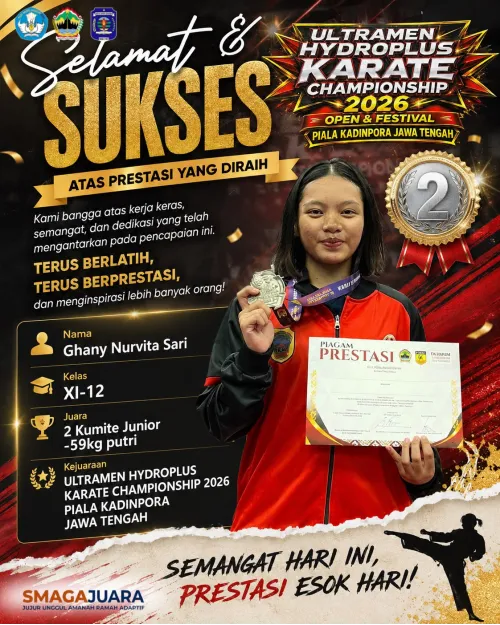 Selamat dan Sukses GHANY NURVITA SARI (XI-12) Juara 2 Kumite junior -59kg Putri dalam Kejuaraan Ultramen Hydroplus Karate Championship 2026 Piala Kadinpora Jawa Tengah