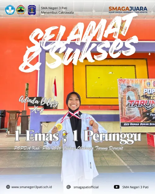 Selamat dan sukses Kepada:   ADINDA BILQIS (X-8) 1 MEDALI EMAS, 1 MEDALI PERUNGGU