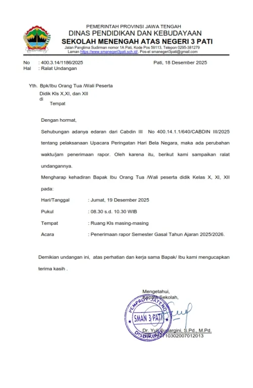 Edaran Penerimaan Penerimaan rapor Semester Gasal Tahun Ajaran 2025/2026.