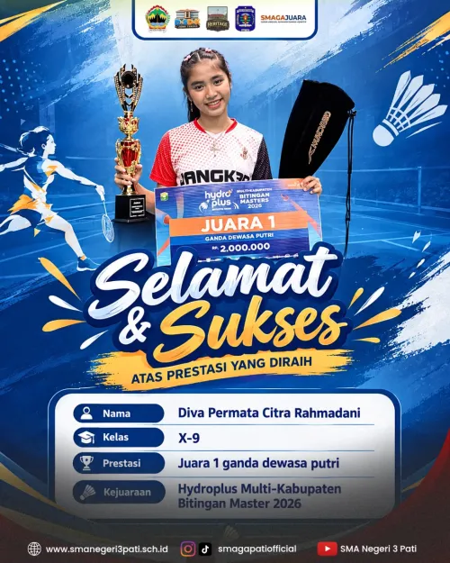 Selamat & Sukses kepada ananda Diva Permata Citra Rahmadani ( X-9 )   Juara 1 Ganda Dewasa Putri dalam Kejuaraan bulu tangkis