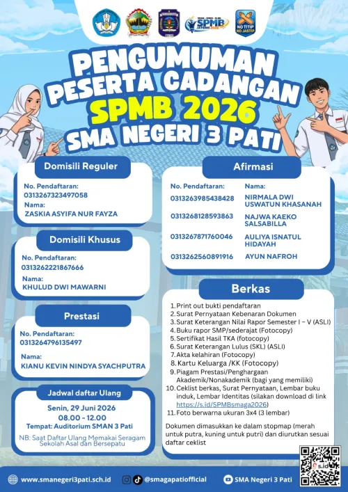 Pengumuman Peserta Cadangan SPMB 2026 SMA Negeri 3 Pati