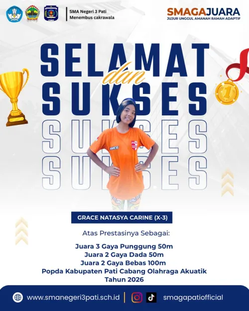 Selamat GRACE NATASYA CARINE (X-3) , Juara 3 Gaya Punggung 50m Juara 2 Gaya Dada 50m Juara 2 Gaya Bebas 100m. 