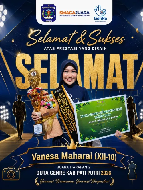 Selamat atas pencapaian siswi SMAGA dalam event Apresiasi Duta Genre Kabupaten Pati 2026. 