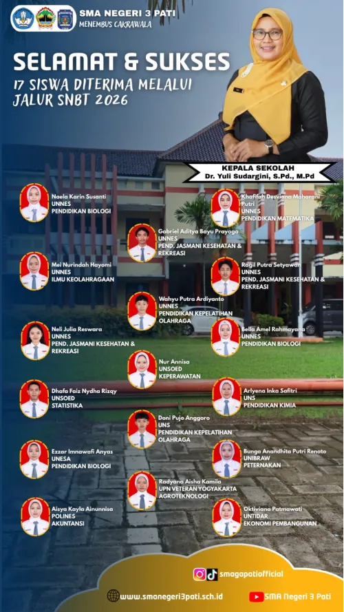 Selamat dan Sukses Kepada 17 Peserta Didik SMA Negeri 3 Pati Diterima Perguruan Tinggi Negeri Melalui Jalur SNBT 2026