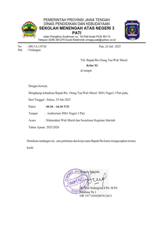 UNDANGAN Yth. Bapak/Ibu Orang Tua/Wali Murid Kelas XI di tempat