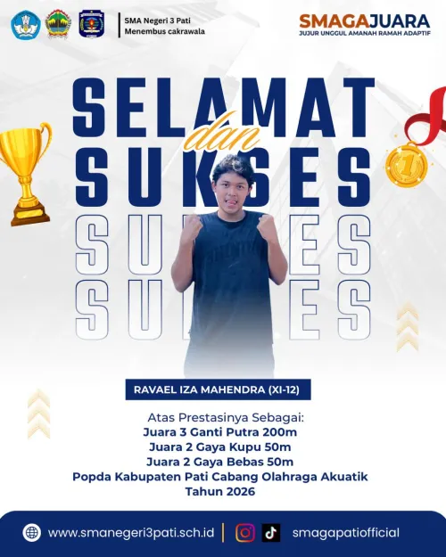Selamat RAVAEL IZA MAHENDRA (XI-12) , Juara 3 Ganti Putra 200m Juara 2 Gaya Kupu 50m Juara 2 Gaya Bebas 50m