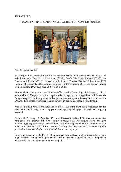 SMA NEGERI 3 PATI RAIH JUARA 1 NASIONAL IEEE FEST COMPETITION 2025
