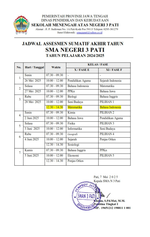 Revisi Jadwal Assesmen Sumatif Akhir Tahun SMA Negeri 3 Pati Tahun Pelajaran 2025/2026