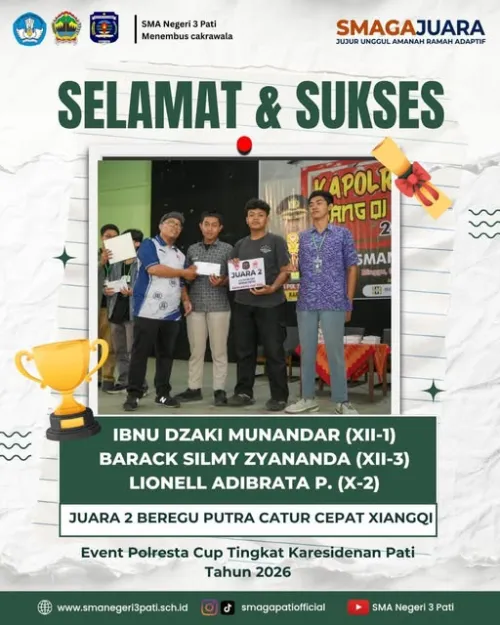 Selamat & Sukses kepada Ibnu Dzaki Munandar (XII-1), Barack Silmy Zyananda ( XII-3), Lionell Adibrata P. ( X-2)